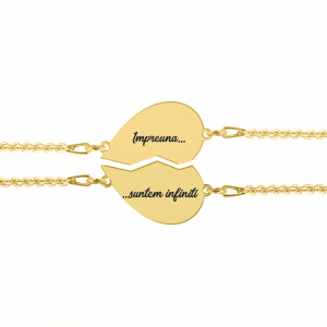 Set bratari argint cuplu inimioare 16 mm (2 bucati incluse) - personalizate cu text - placate cu aur galben de 24 karate